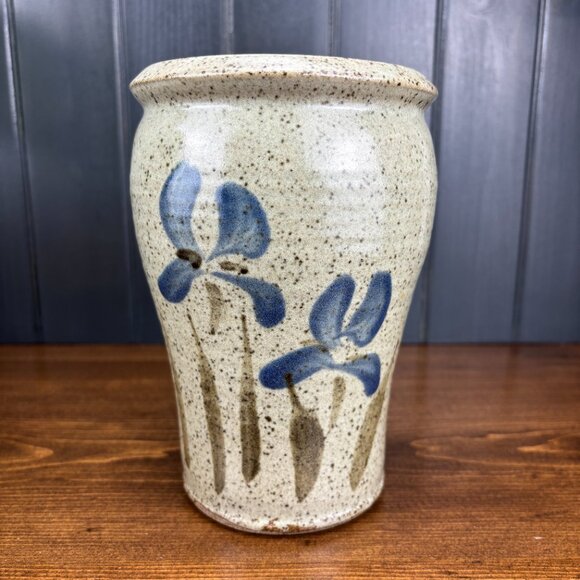 Studio Pottery Vase with Hand-Painted Blue Irises Stoneware Utensil Holder - Picture 4 of 16